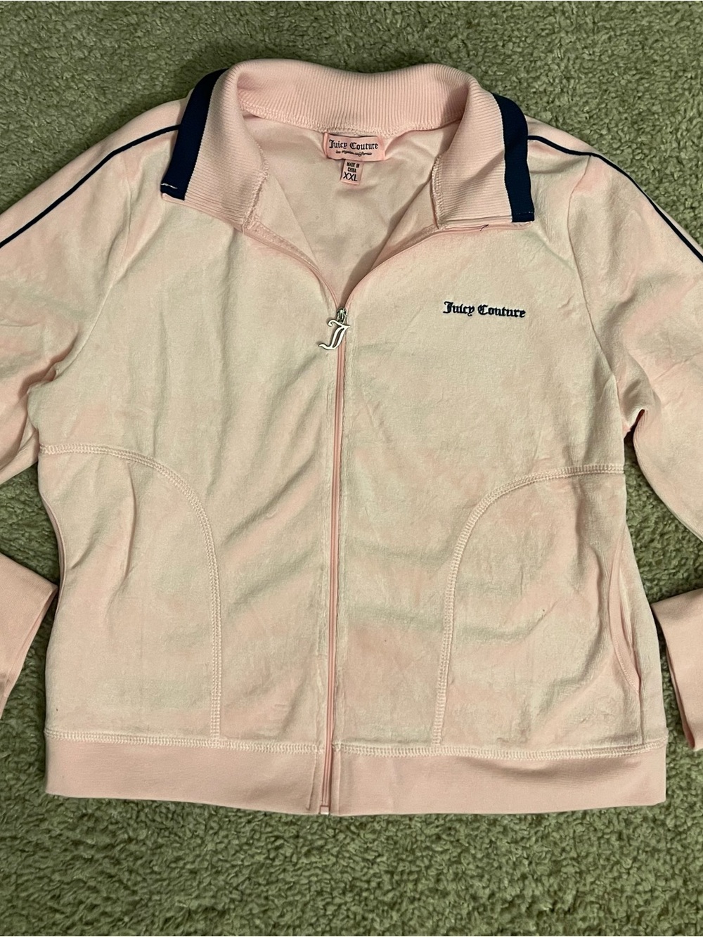 Juicy Couture Plush Pink Velour Track Jacket with Navy Trim and full zip